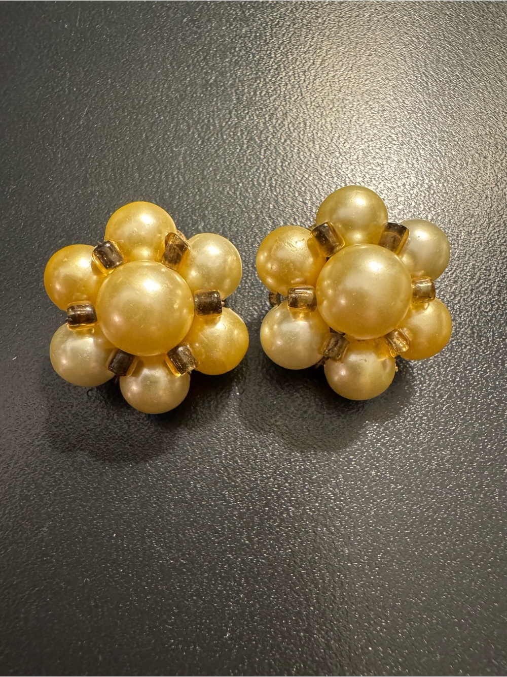 Vintage Japan Pearl Cluster Clip-On Earrings - Mid Century Champagne Pearls